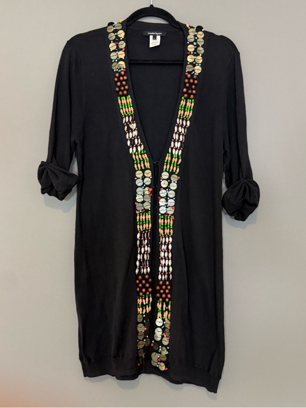 Nanette Lepore 1000 Temple Open-Front Beaded Cardigan Sweater Black Large Boho - Picture 2 of 9